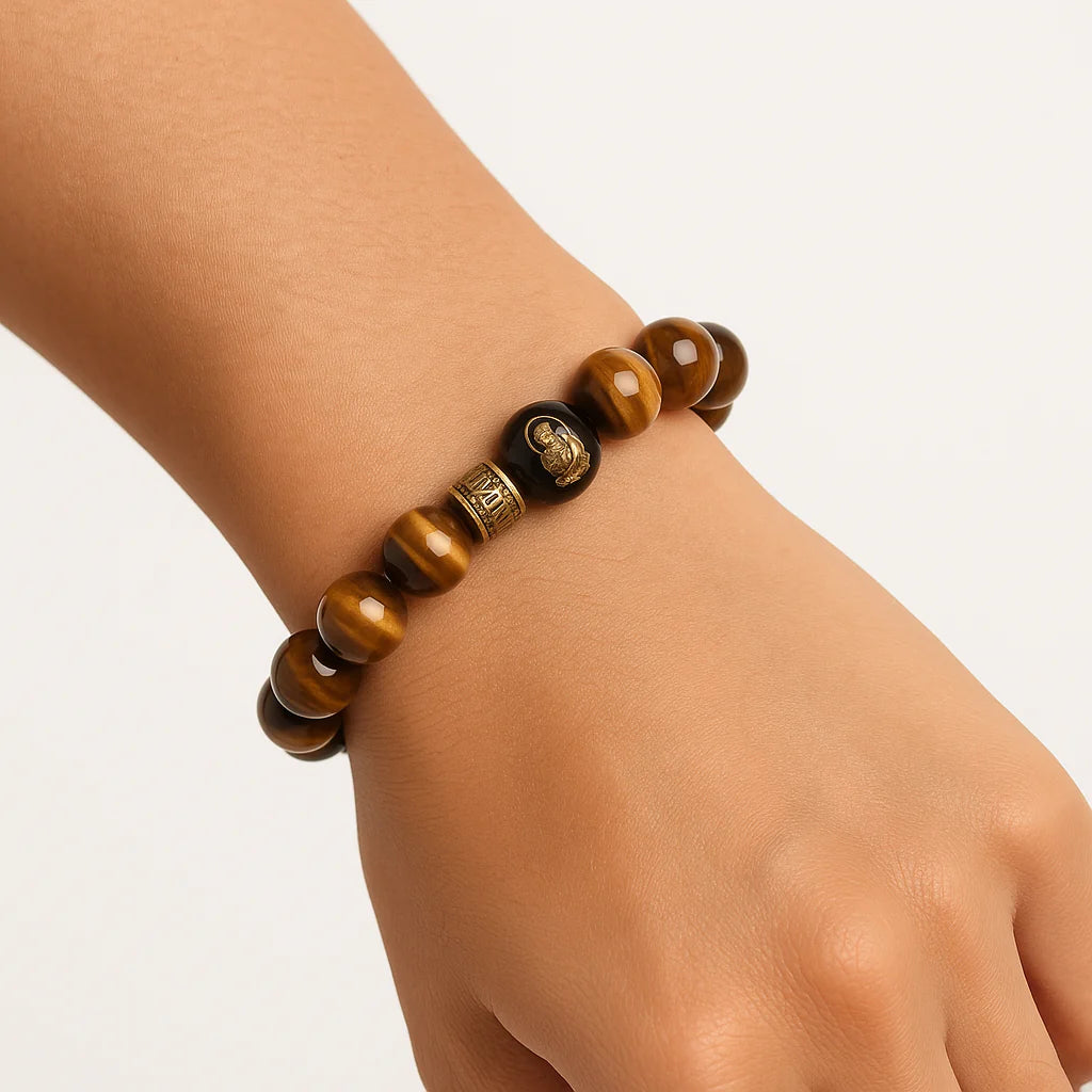Gold-Infused Tiger’s Eye & Obsidian Buddha Bracelet