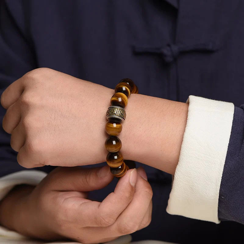 Gold-Infused Tiger’s Eye & Obsidian Buddha Bracelet