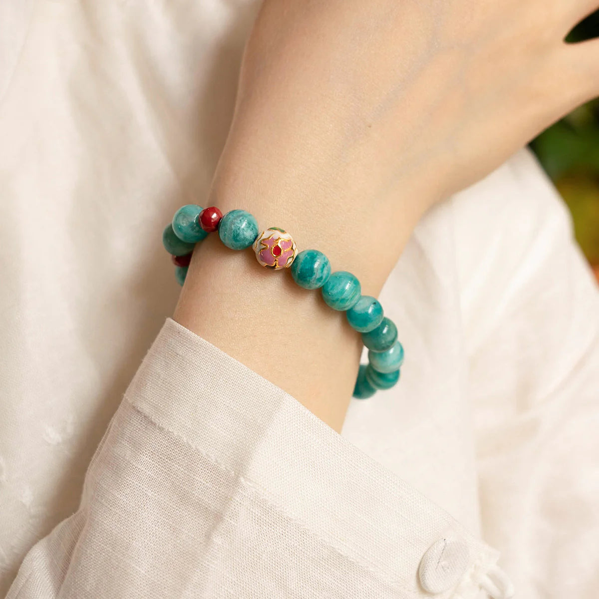 Natural Amazonite & Cinnabar Beaded Bracelet