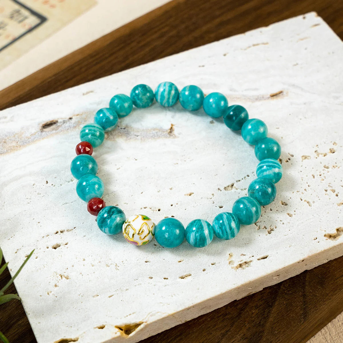 Natural Amazonite & Cinnabar Beaded Bracelet